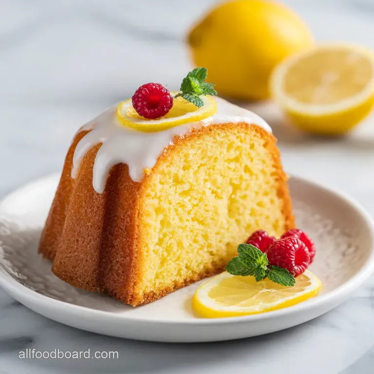 A slice of citrus-bright pound cake, glazed and adorned with fresh lemon zest and a berry.