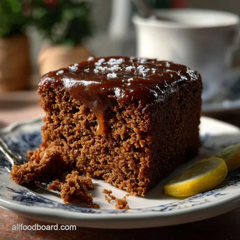 Elegant slice of gingerbread cake on a white plate, dusted with powdered sugar and a sprig of rosemary. Rustic and invitin...