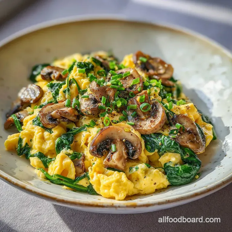 Creamy scrambled eggs artfully plated with saut&eacute;ed mushrooms and vibrant spinach, topped with microgreens on a white plate.