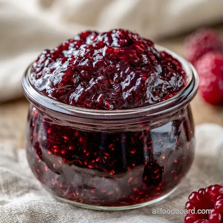 A spoonful of shimmering violet fruit preserves resting on a golden piece of toast beside a linen napkin.