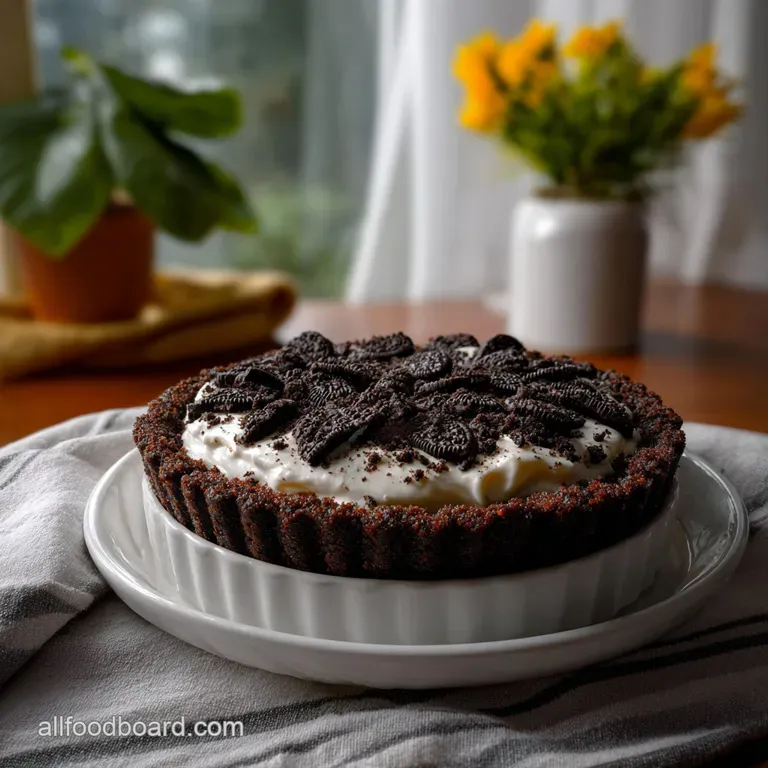A single, pristine chocolate Oreo crust slice on a white plate. Its dark, speckled surface contrasts with the stark backdr...