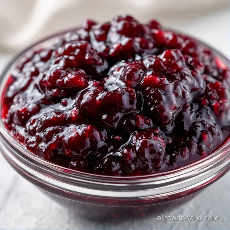 A dollop of deep purple fruit preserve atop a toasted brioche slice, garnished with a fresh mint leaf on white marble.