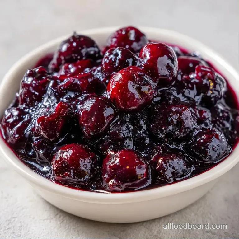 Glossy deep-purple jam spread on a toasted baguette slice, served on a marble board with fresh berries.