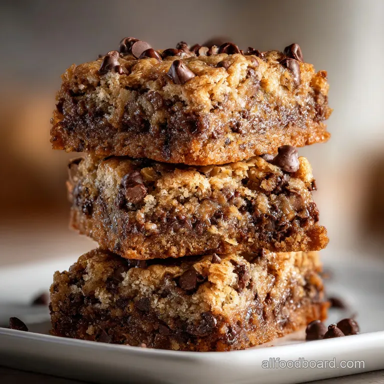 Square oatmeal chocolate chip cookie bar artfully plated, showing off a soft, chewy texture with a sprinkle of sea salt. W...
