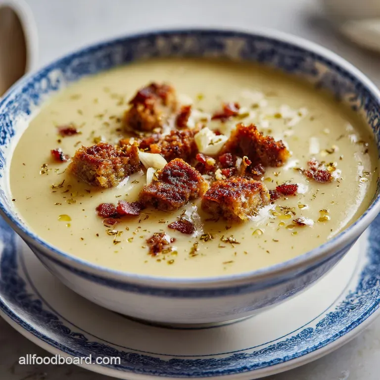 Elegant white bowl filled with creamy potato soup, topped with fresh green kale and a sprinkle of cracked pepper.