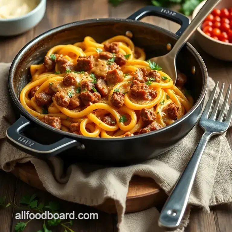 One-Pan Cheesy Beef Pasta Delight presentation