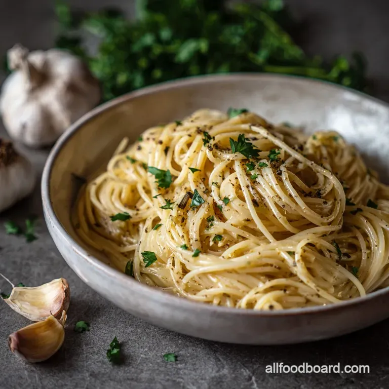 A swirl of glossy pasta, brightened with garlic & parsley, piled on a white plate. Steam rises, promising a rich, comforti...