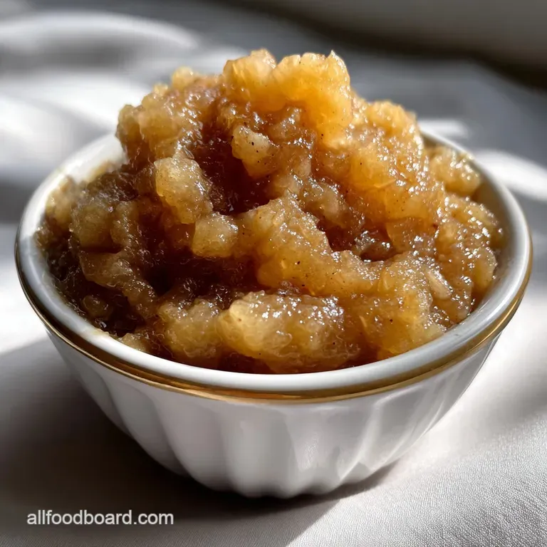 Vibrant crimson applesauce, speckled with cinnamon, artfully swirled in a white bowl, garnished with a sprig of mint.