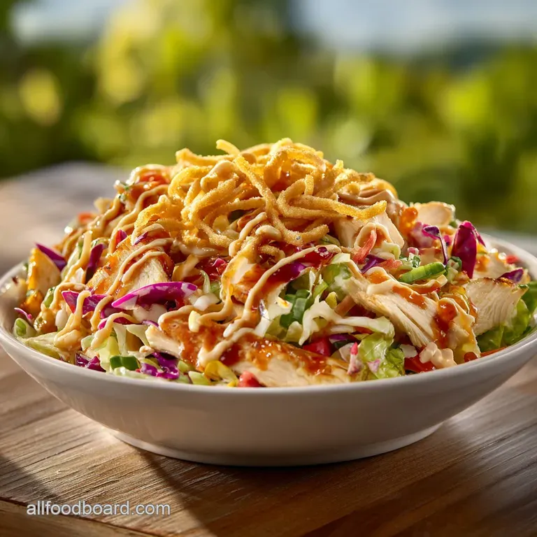 Oriental chicken salad served in a white bowl: crispy noodles, grilled chicken, fresh greens, and a swirl of sesame dressing.
