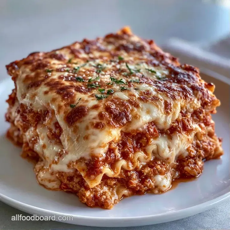A precise square slice of layered pasta and rich red sauce on a white plate, garnished with a fresh basil leaf.