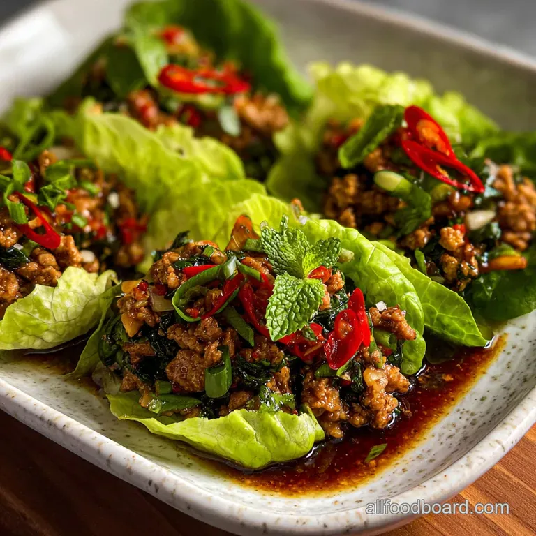 Plated lettuce wraps showcasing the contrast of textures: crisp lettuce, tender chicken, & vibrant green onion garnish.