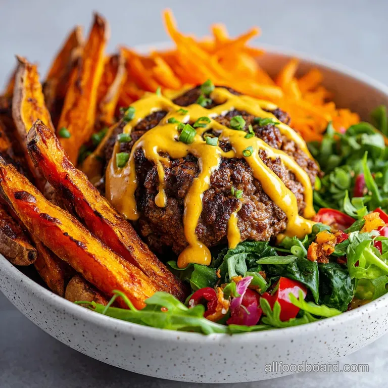 Deconstructed burger bowl: juicy beef, bright greens, crispy fries elegantly layered on a white plate, showcasing fresh, w...