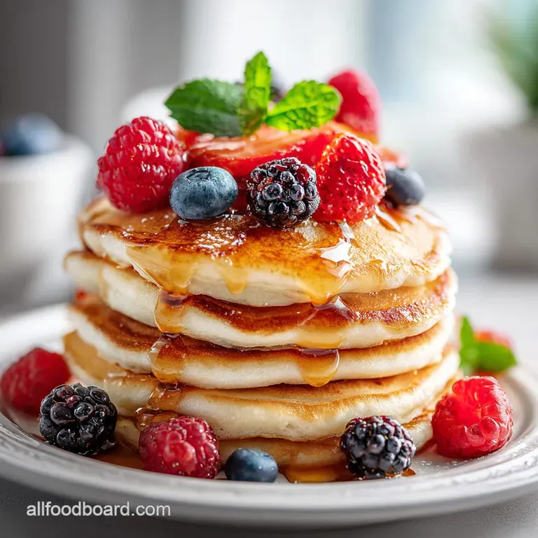 Two stacked pancakes on a white plate, garnished with fresh blueberries and a dusting of powdered sugar. Maple syrup pools...