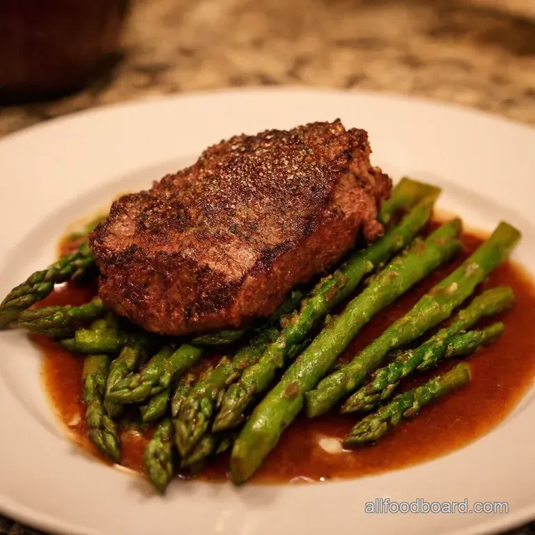 Panfried Steak with Garlicky Asparagus presentation