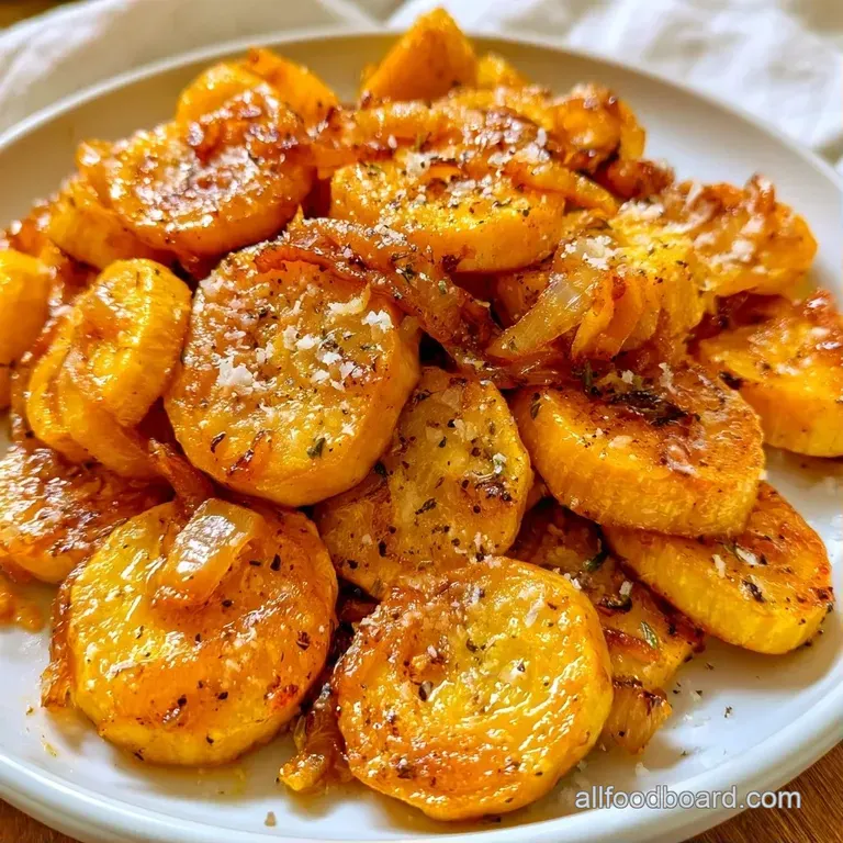 Slices of golden-yellow squash arranged in a neat pile with bubbly browned cheese on a minimalist white platter.