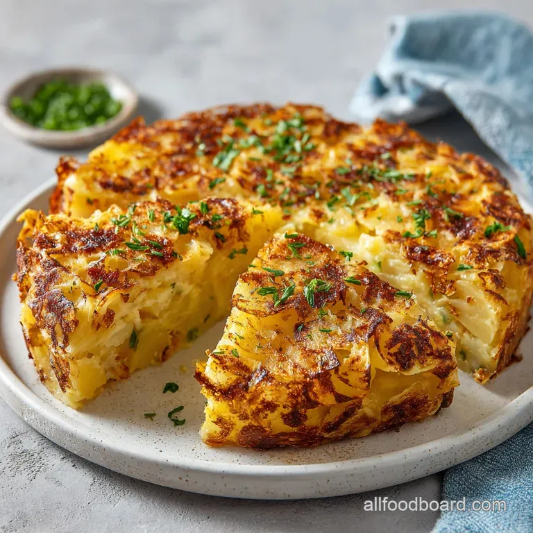 A rustic slice of potato pie, golden and inviting, presented simply on a white plate.
