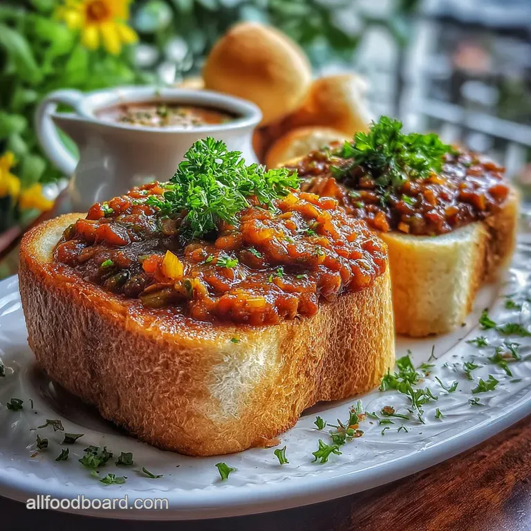 Plated pav bhaji: a mound of vibrant, mashed vegetables glistening with butter, next to toasted bread, cilantro sprig garn...
