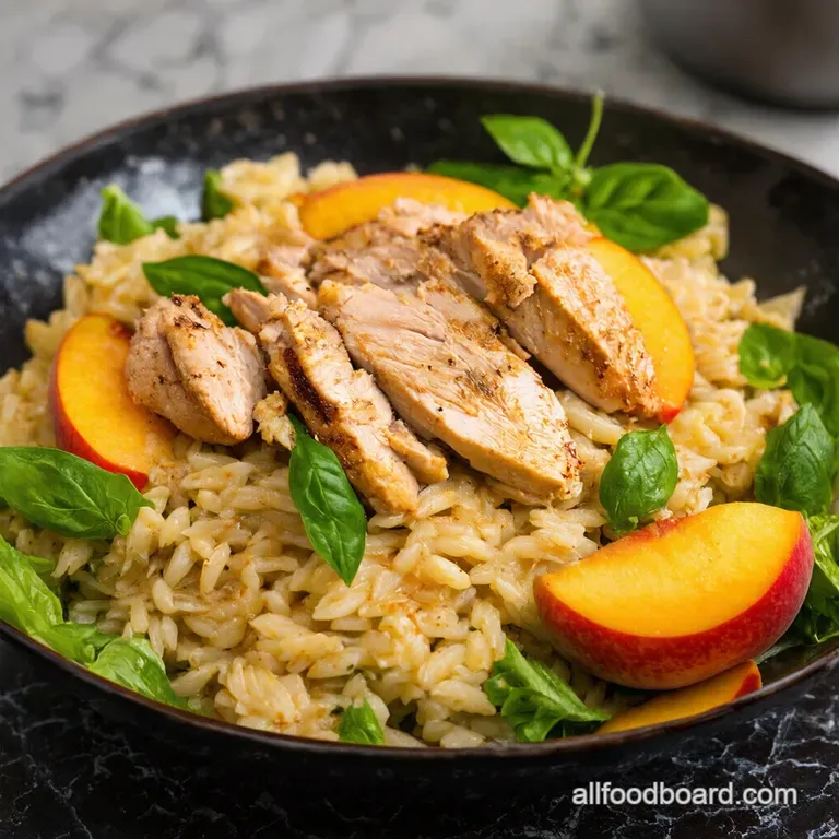 Peach Basil Chicken Orzo Salad with Hot Honey Vinaigrette presentation