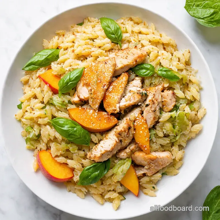 Peach Basil Chicken Orzo Salad with Hot Honey Vinaigrette