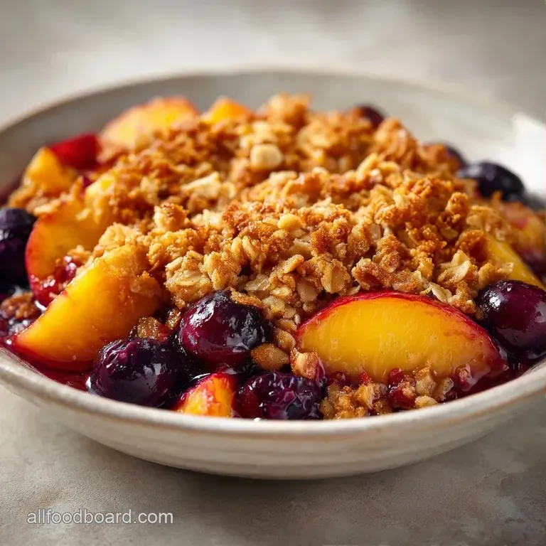 Warm fruit crumble with a golden oat crust and a melting scoop of vanilla bean ice cream on a clean white plate.