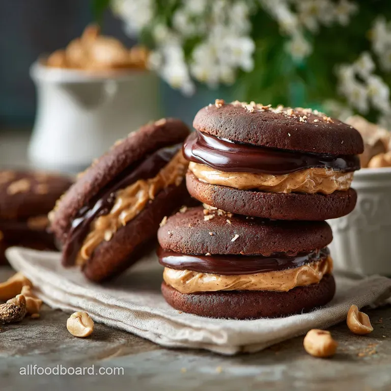 Chocolate cookie halves artfully stacked, revealing the soft peanut butter center, alongside a glass of cold milk.