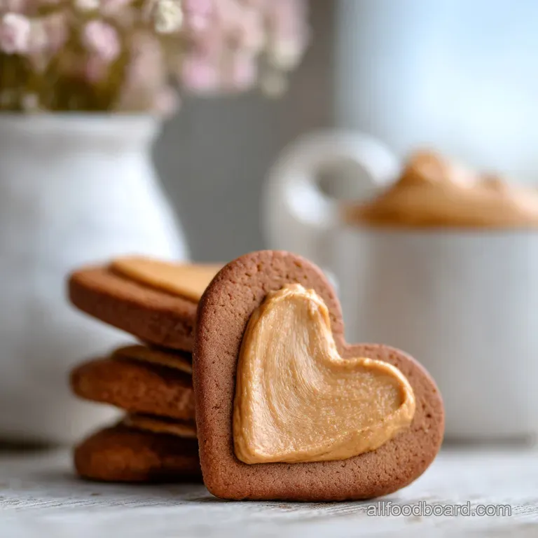 Stack of three peanut butter heart cookies, the top cookie dusted with powdered sugar, all nestled on a white plate with w...