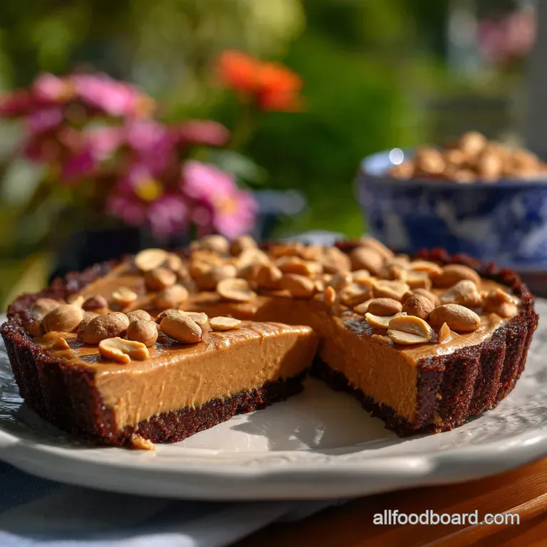 Slice of no-bake peanut butter pie with whipped cream and chocolate shavings on a white plate, inviting and decadent dessert.