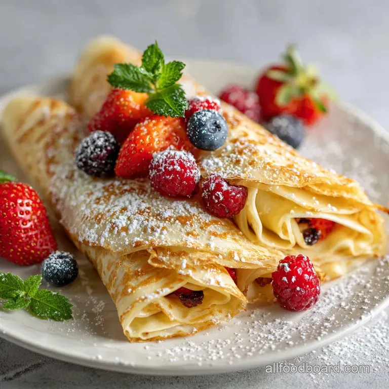 Delicate crepe, artfully folded, reveals a creamy white filling; powdered sugar dusting and fresh berries complete the ele...