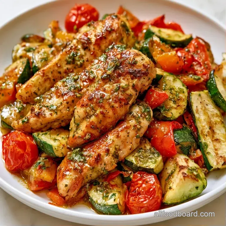 Elegantly plated sliced chicken breast with vivid green pesto and a colorful assortment of roasted garden vegetables.