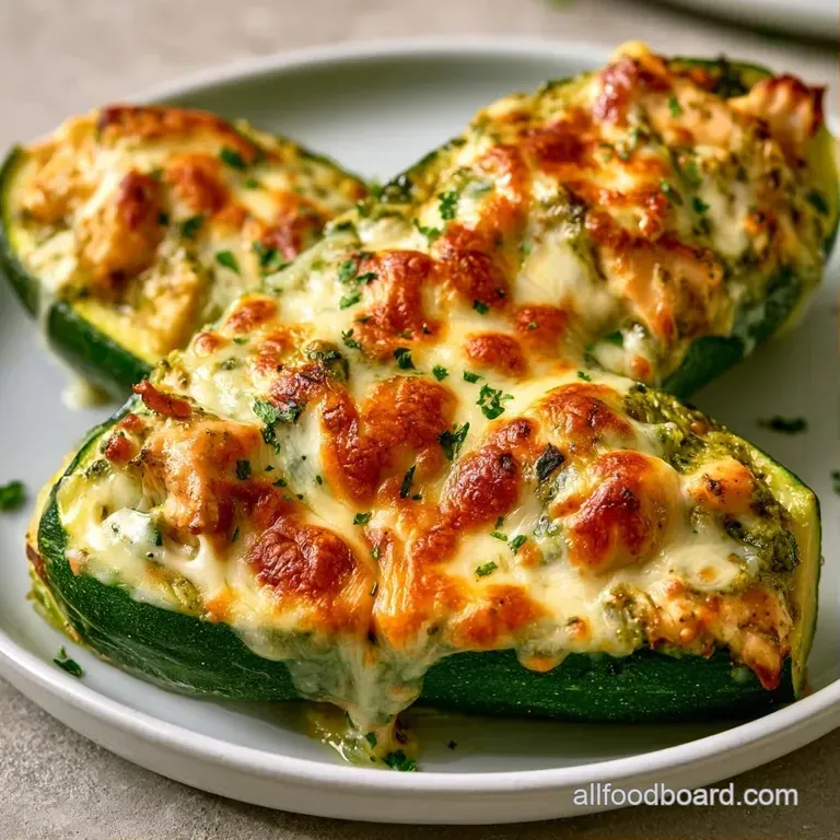 Vibrant green zucchini halves filled with herby chicken and toasted cheese on a clean white ceramic platter.