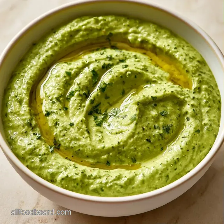 Creamy green herb dip served in a small glass bowl on a rustic wood board with toasted baguette and red pepper strips.