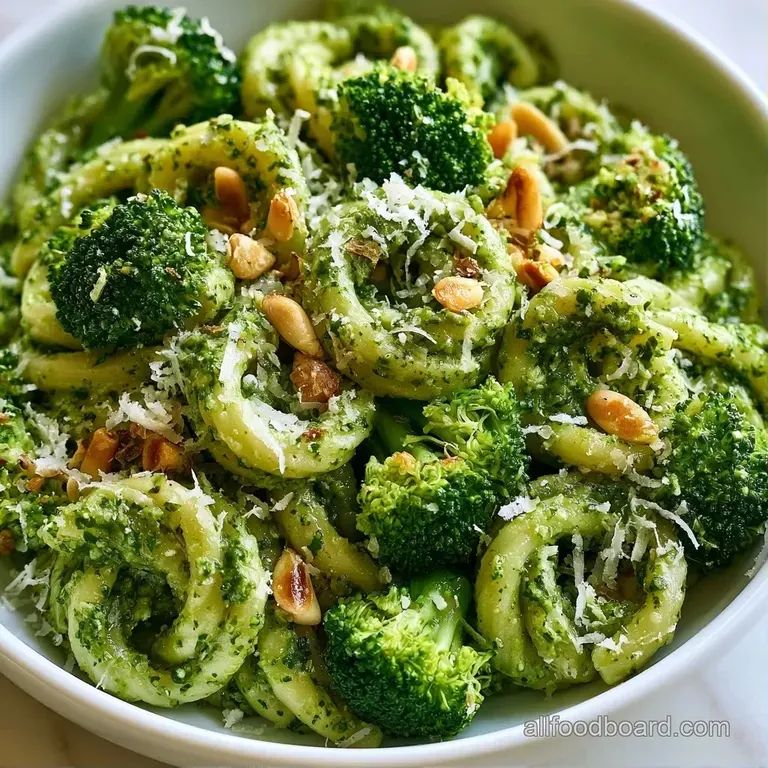 Swirls of pesto-coated pasta and bright broccoli florets topped with shaved parmesan on a matte ceramic plate.