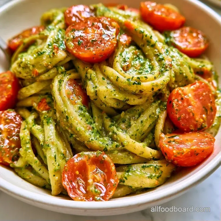 Twirled pasta coated in rich green pesto, topped with glistening red cherry tomatoes and a sprig of fresh basil.