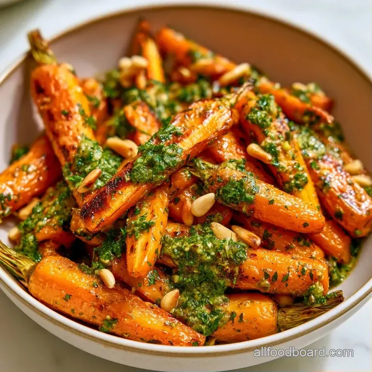 Caramelized orange root vegetables arranged on a white ceramic platter, drizzled with vivid green pesto and fresh herbs.