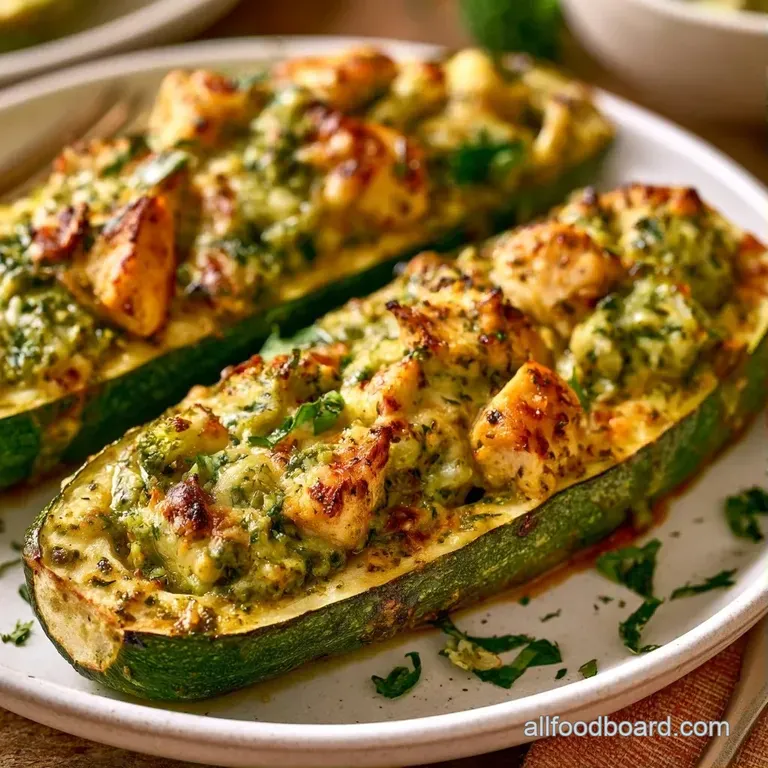 Elegant arrangement of roasted green squash boats with bubbly cheese and a garnish of fresh basil leaves.