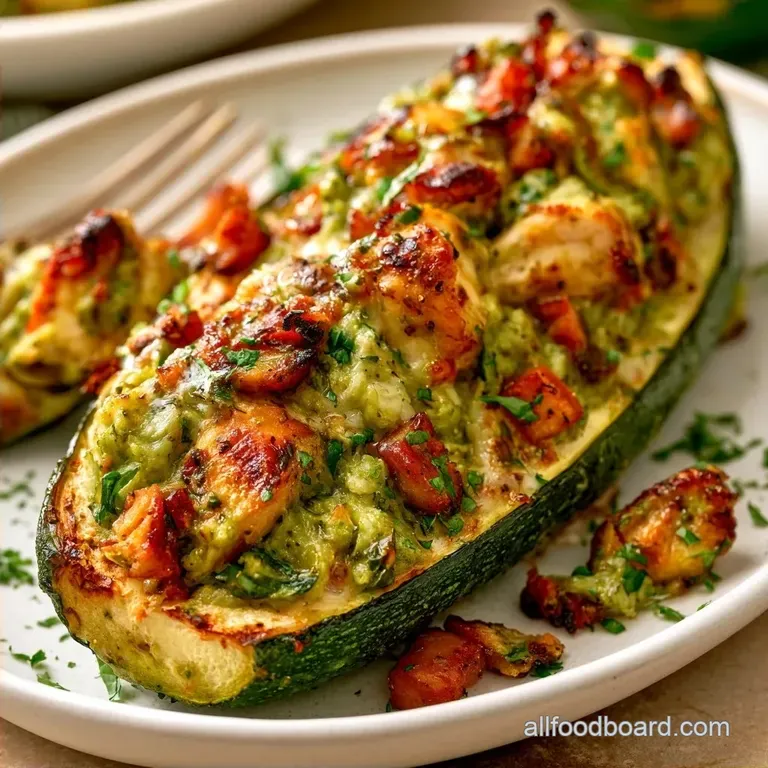Pesto Chicken Stuffed Zucchini Boats
