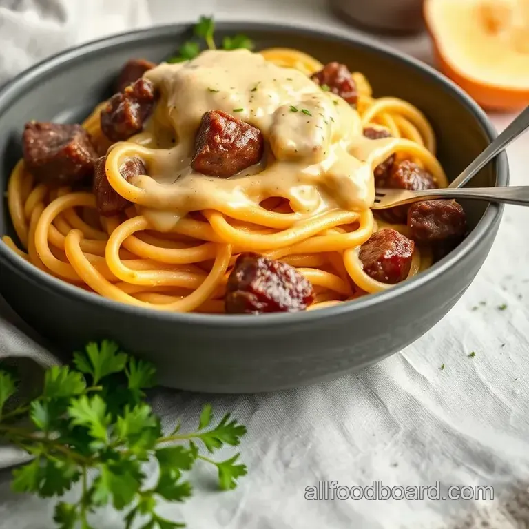 Sautéed Ribeye Pasta with Creamy Sauce presentation