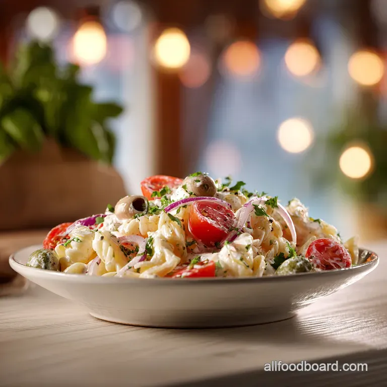 A generous scoop of colorful pasta salad on a white plate, flecked with fresh herbs.