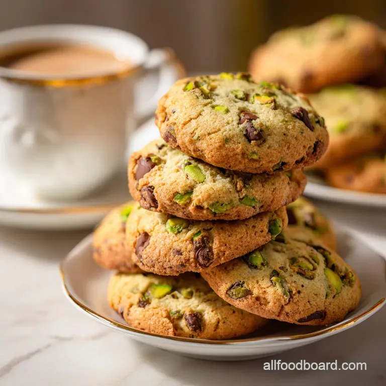 A stack of perfectly baked cookies, showcasing melty chocolate and nutty green flecks, dusted with powdered sugar.