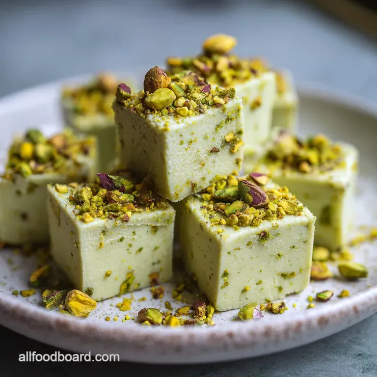 Elegant squares of pale green sweets stacked on a white marble slab, garnished with crushed roasted pistachios.