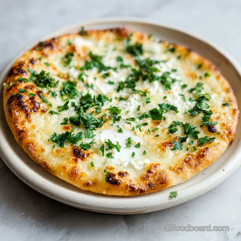 Slice of pizza bianca on a white plate, featuring bubbly crust, creamy cheese, and aromatic garlic. A simple and elegant p...