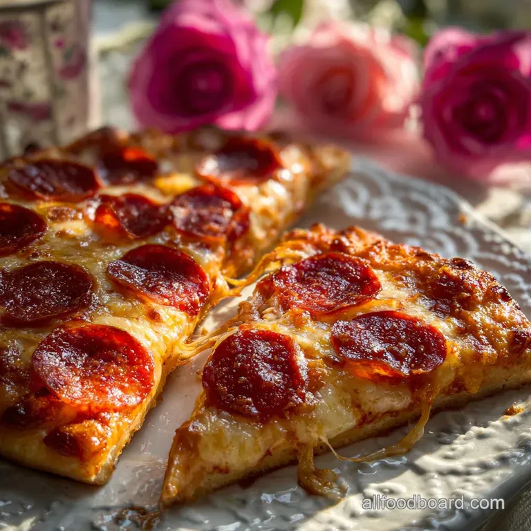 Slice of warm pizza rose on a white plate, pepperoni glistening, with melted cheese stretching from the layers.