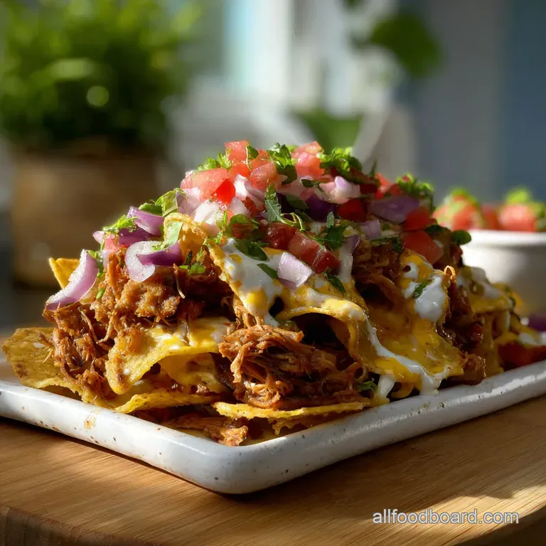 Pulled pork artfully arranged on a white plate, cheese melting over the edges. Garnished with a sprig of green, inviting.