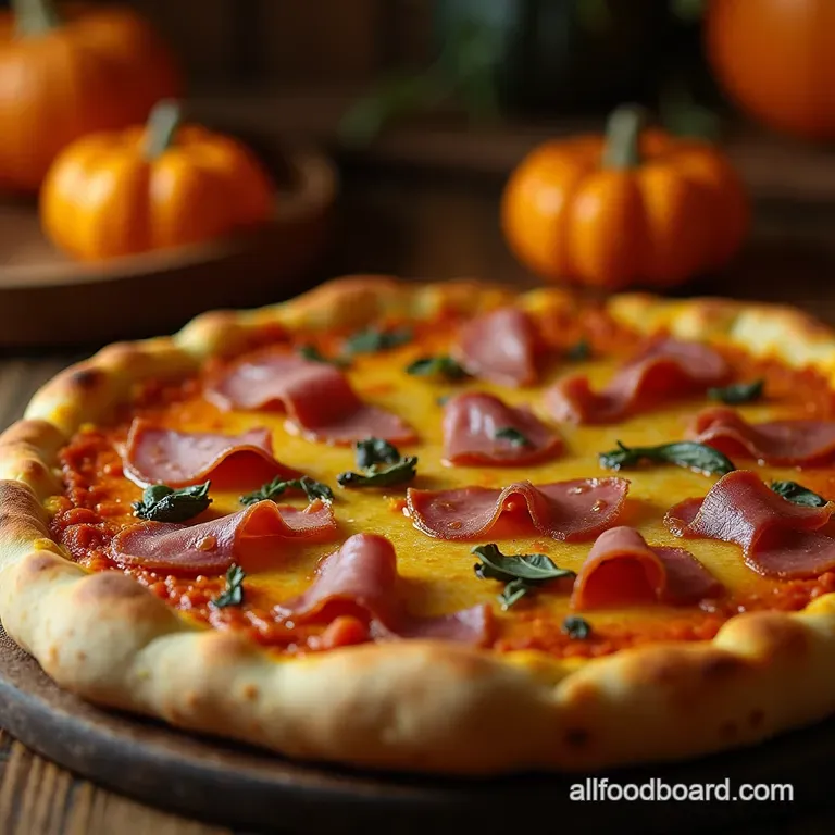 The Great Gourd Glowup a Spiced Pumpkin Prosciutto Jackolantern Pizza presentation