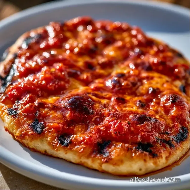 Golden pizza slices with dark grill marks arranged on a slate platter beside a bowl of red pepper flakes.