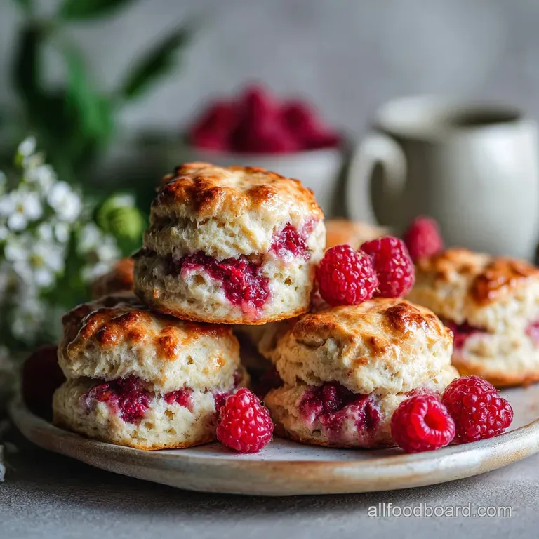 Warm, golden scones artfully stacked on a tiered stand. Fresh raspberries and whipped cream invite a delightful taste.