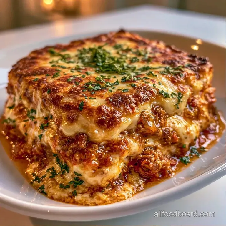 Sliced lasagna casserole served on a white plate, garnished with fresh basil and a sprinkle of parmesan for elegance.