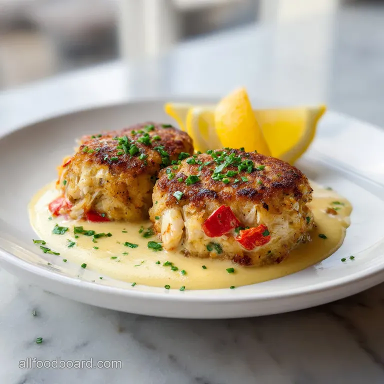 Elegant plating: a perfectly seared crab cake topped with vibrant green parsley and a drizzle of sauce.