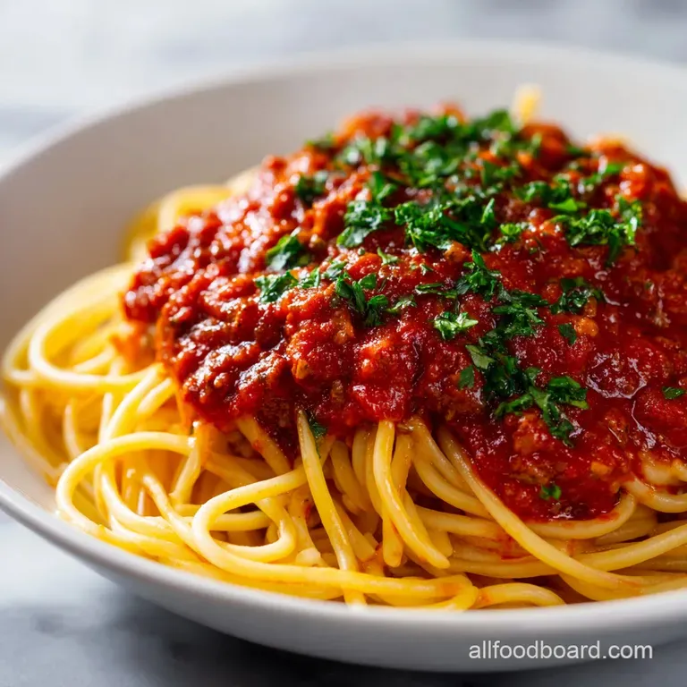 A swirl of spaghetti coated in bright red sauce, garnished with fresh basil and a sprinkle of parmesan cheese. A rustic, a...
