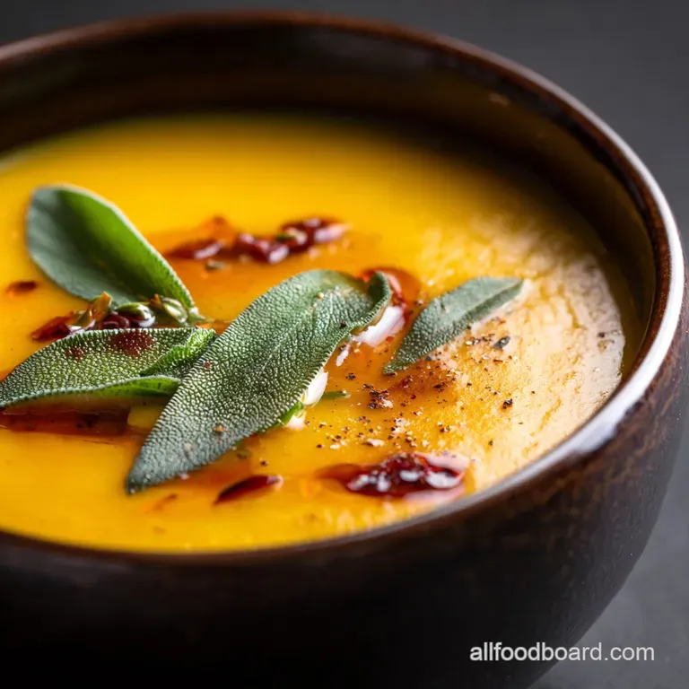 Velvety Butternut Squash and Apple Soup with Brown Butter Sage Crispies presentation